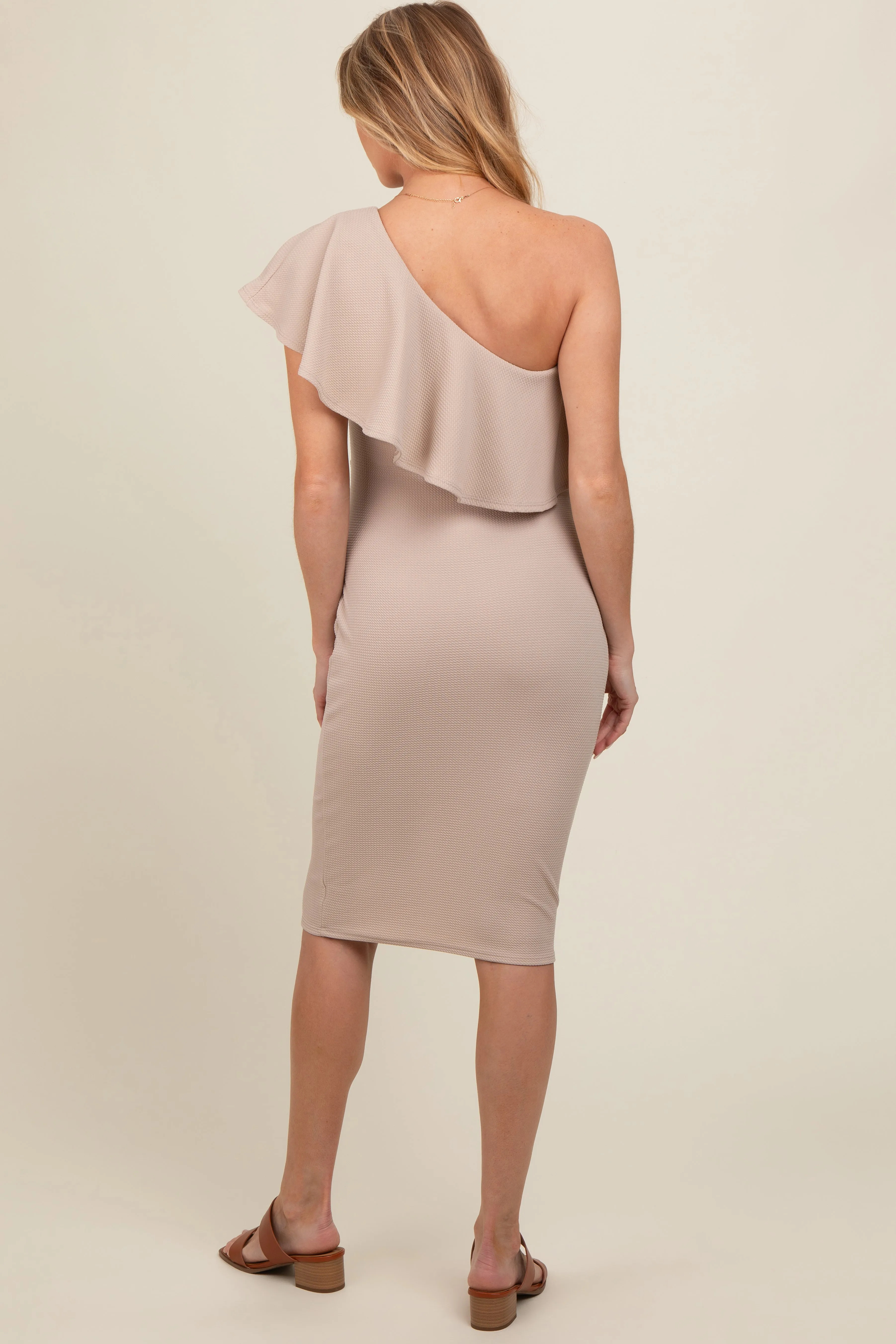 Mocha Ruffle One-Shoulder Maternity Midi Dress sold by Pinkblush product image thumbnail 3