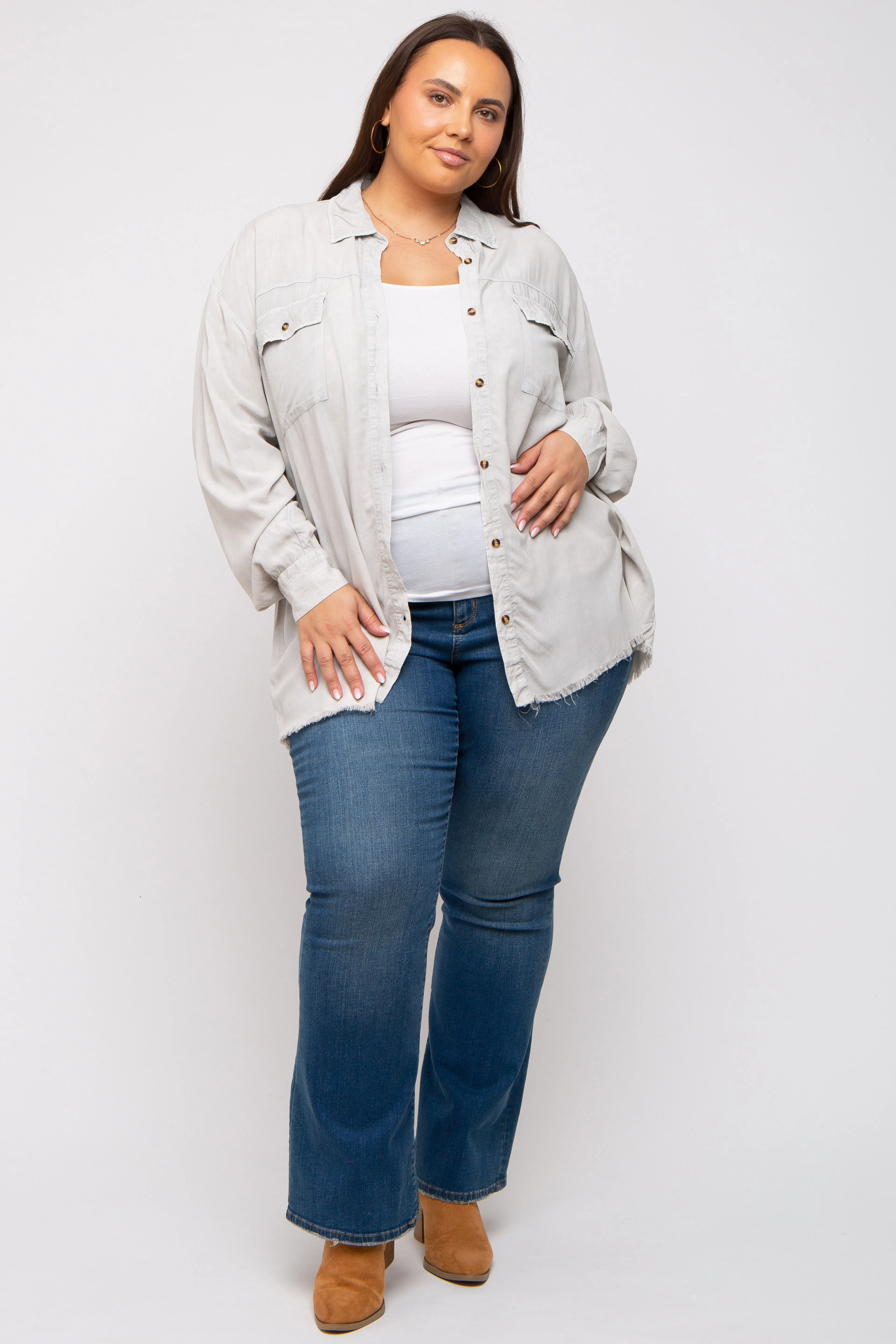 Grey Button Up Fringe Hem Plus Top sold by Pinkblush product image thumbnail 5