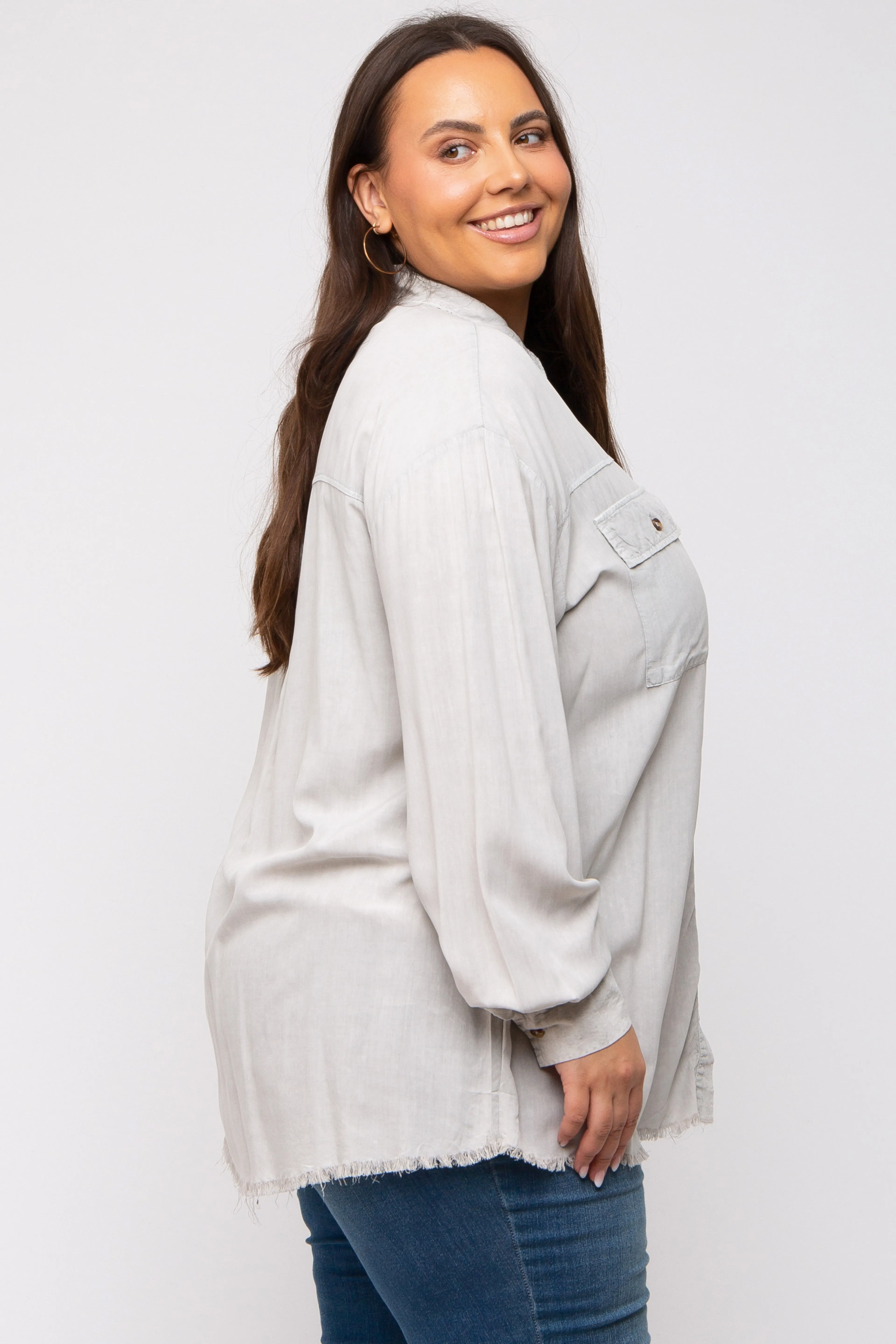Grey Button Up Fringe Hem Plus Top sold by Pinkblush product image thumbnail 2