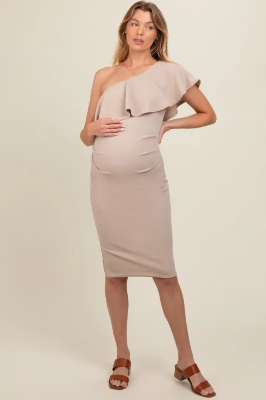 Mocha Ruffle One-Shoulder Maternity Midi Dress sold by Pinkblush