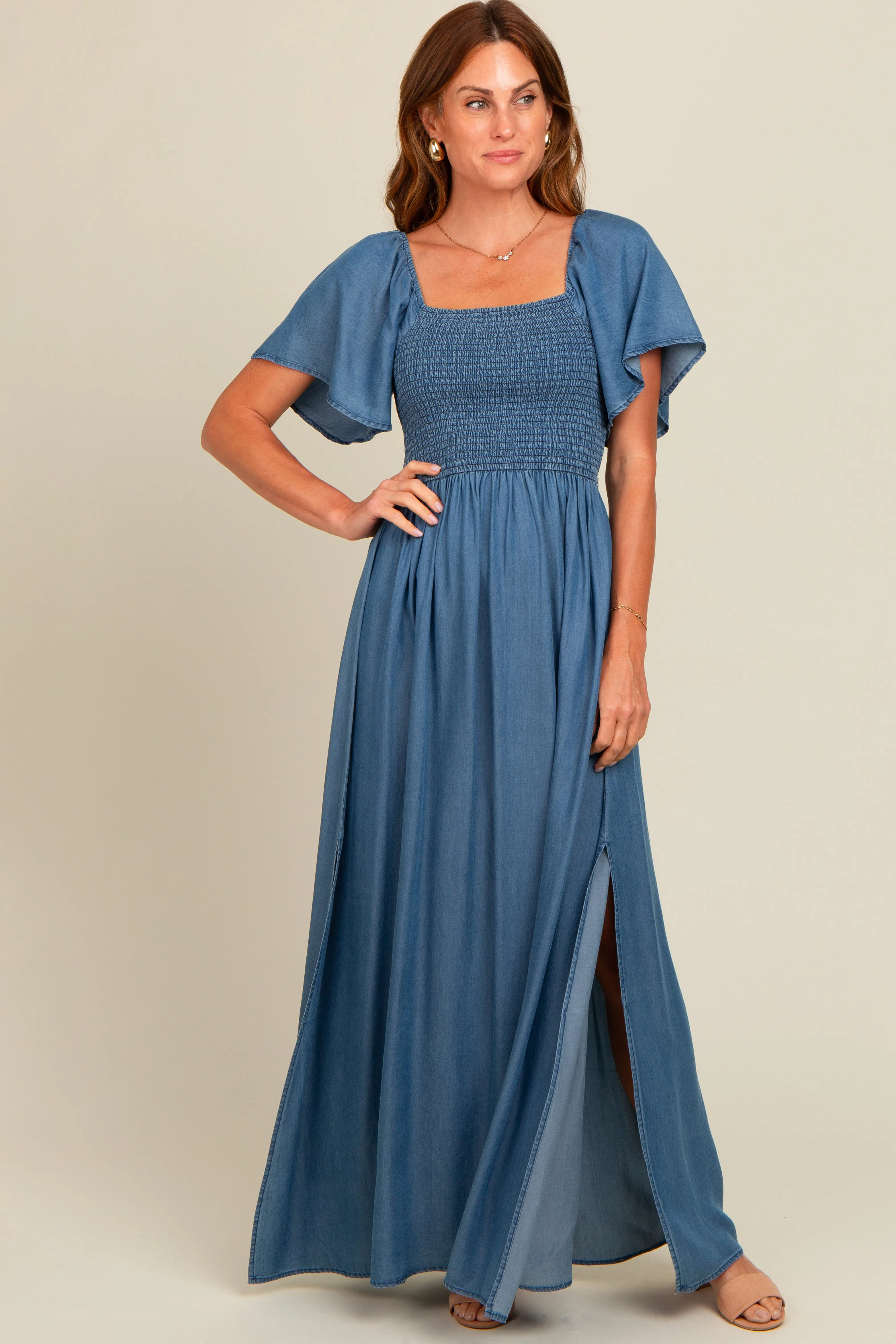 Blue Chambray Smocked Maxi Dress sold by Pinkblush
