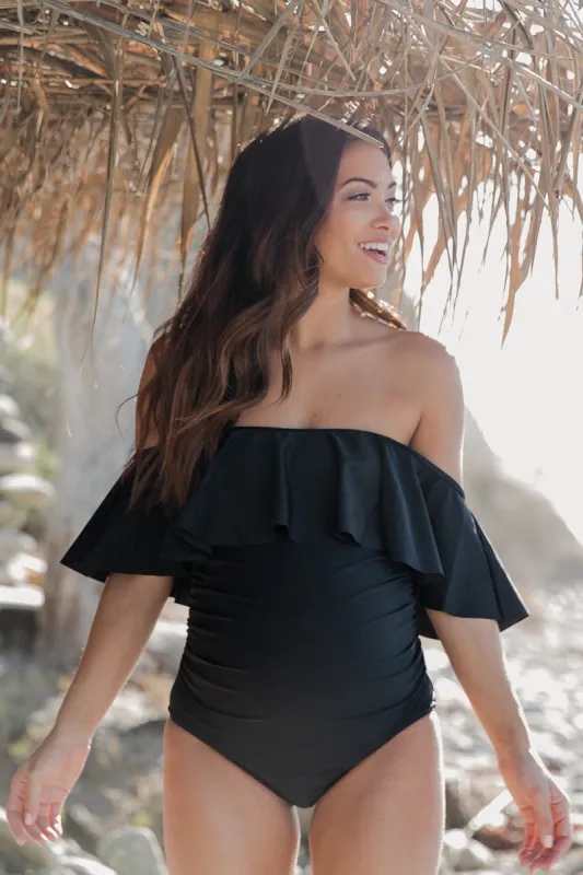 Black Ruffle Trim Ruched One-Piece Maternity Swimsuit sold by Pinkblush