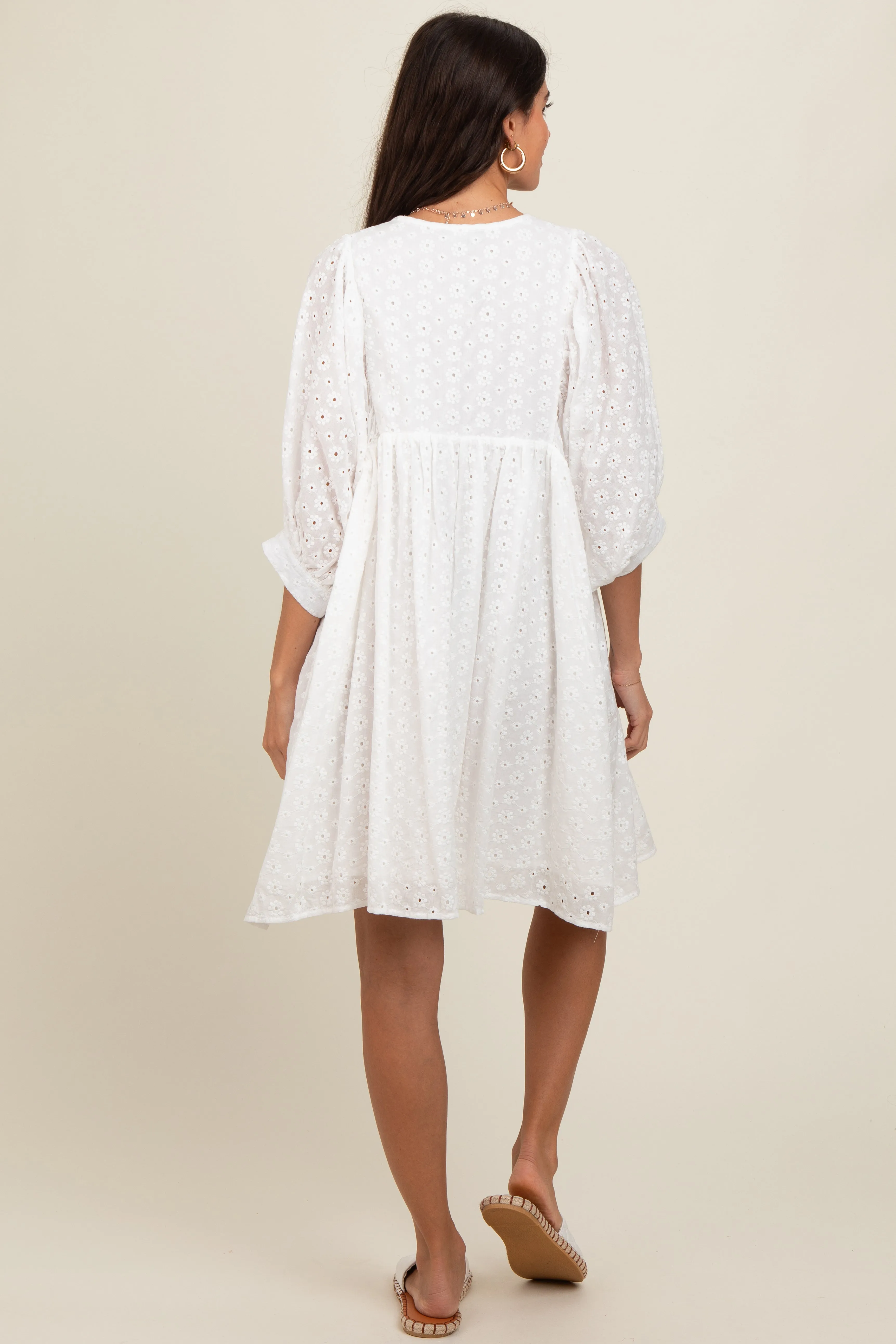 White Floral Eyelet Puff Sleeve Dress sold by Pinkblush product image thumbnail 4