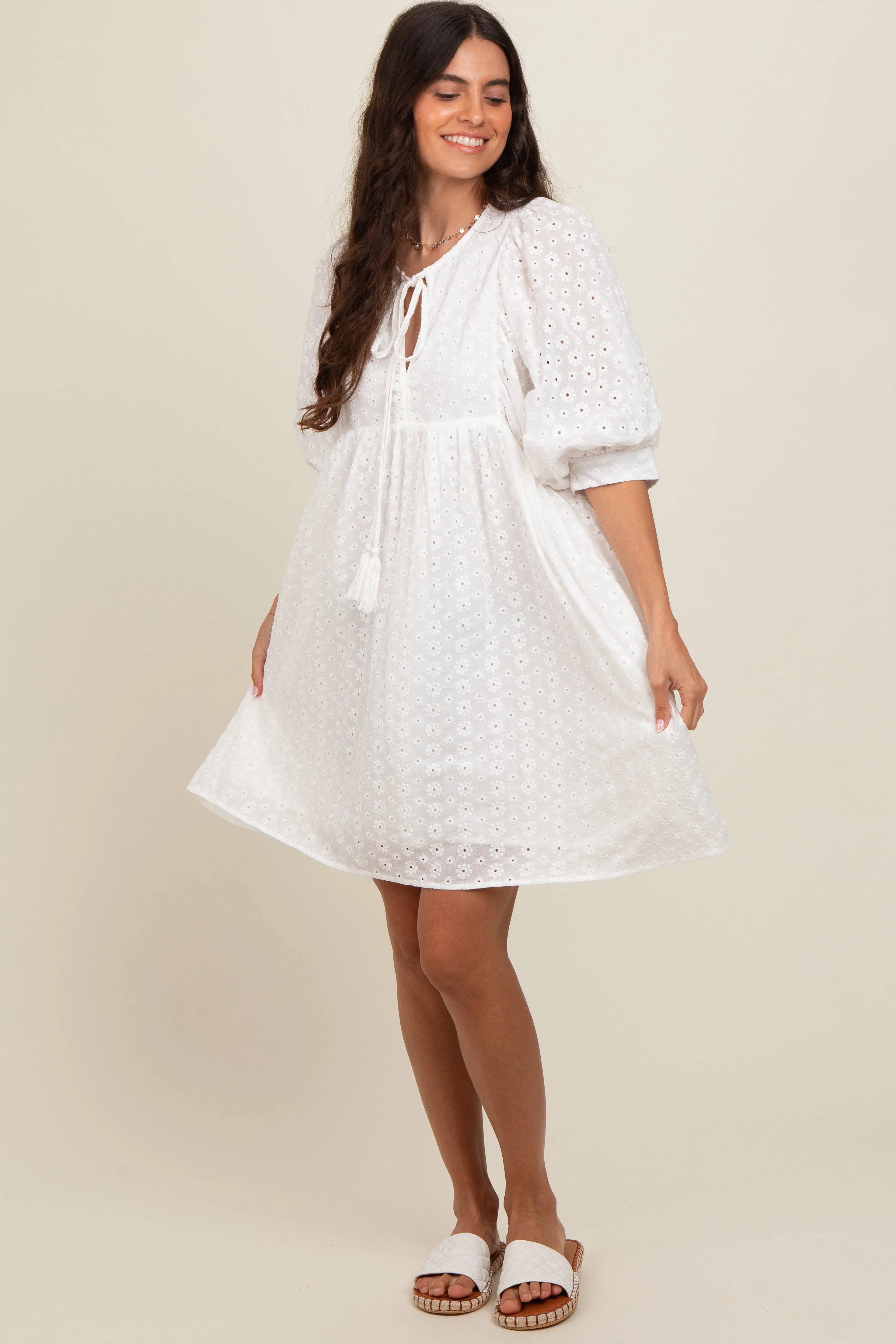 White Floral Eyelet Puff Sleeve Dress sold by Pinkblush