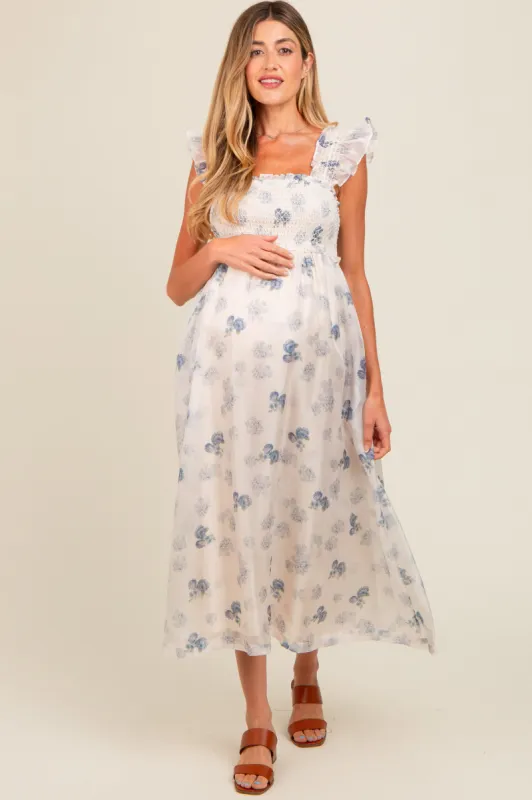 Blue Floral Smocked Maternity Midi Dress sold by Pinkblush