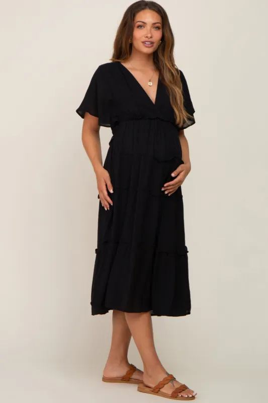 Black Ruffle Tiered V-Neck Maternity Midi Dress sold by Pinkblush