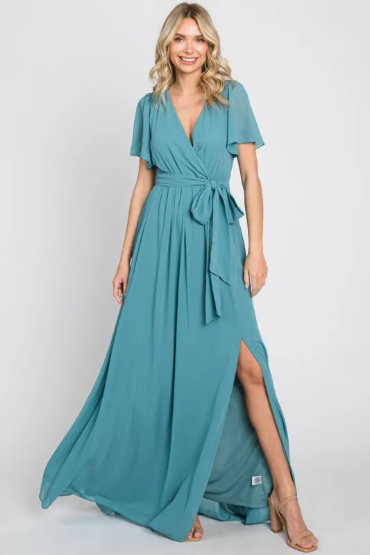 Turquoise Chiffon Short Sleeve Wrap V-Neck Front Slit Maxi Dress sold by Pinkblush