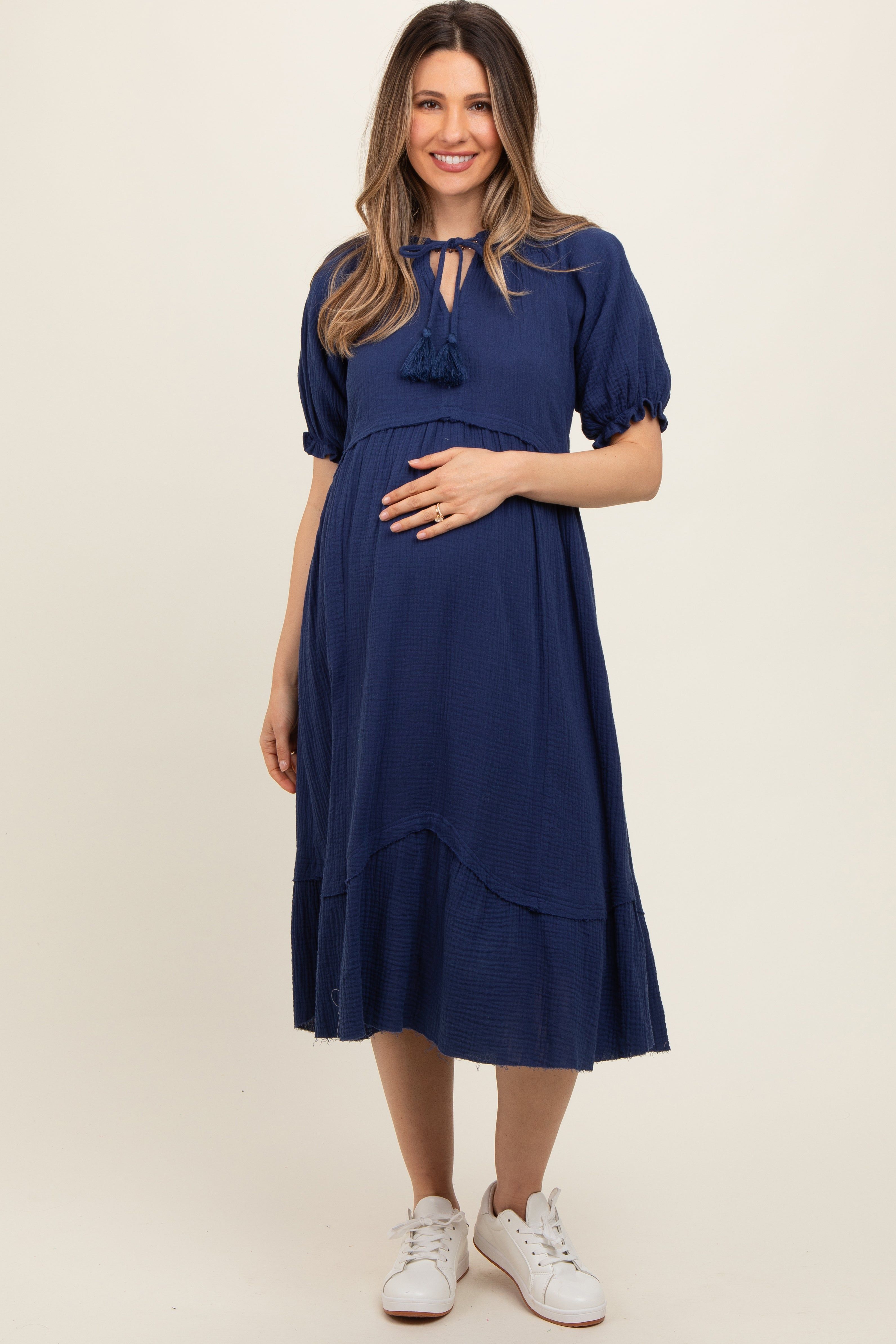 Navy Blue Tassel Tie Maternity Midi Dress sold by Pinkblush