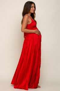 Red Satin Pleated Cutout Maternity Gown sold by Pinkblush