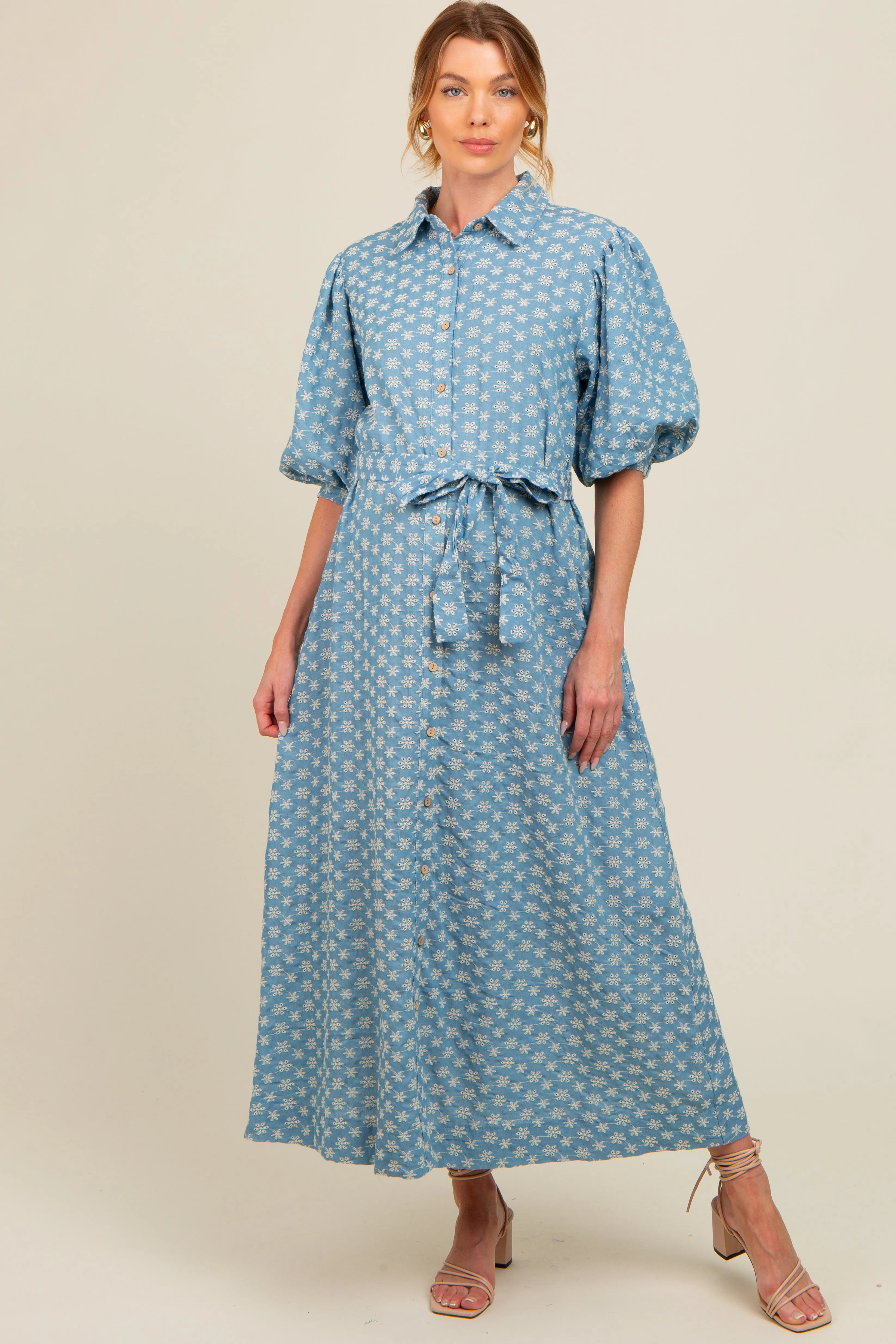 Blue Floral Embroidered Button Down Chambray Maternity Maxi Dress sold by Pinkblush