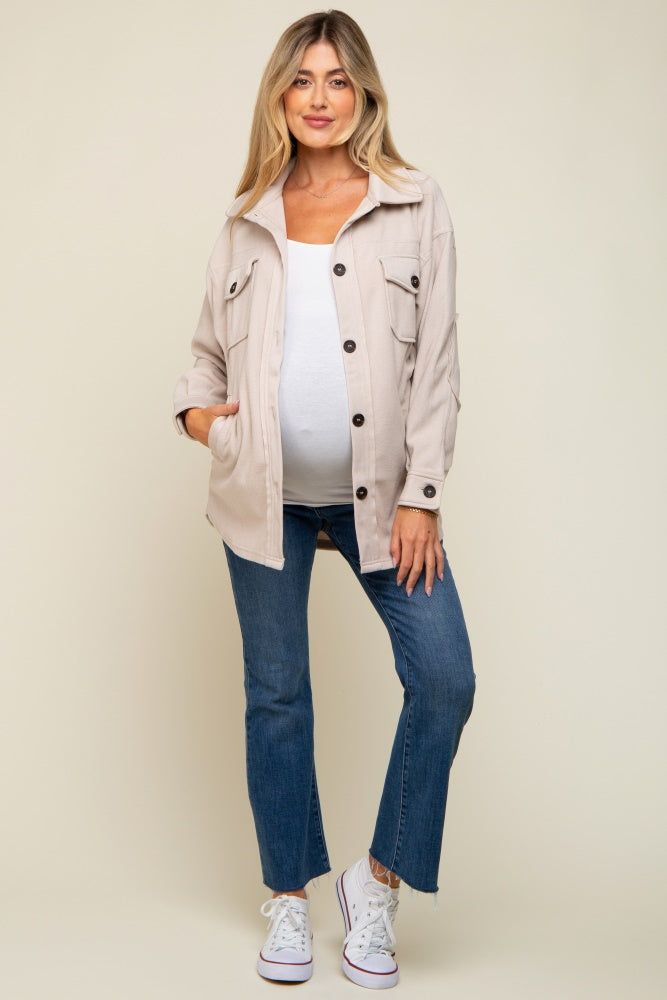 Beige Fleece Double Front Pocket Maternity Jacket sold by Pinkblush product image thumbnail 5