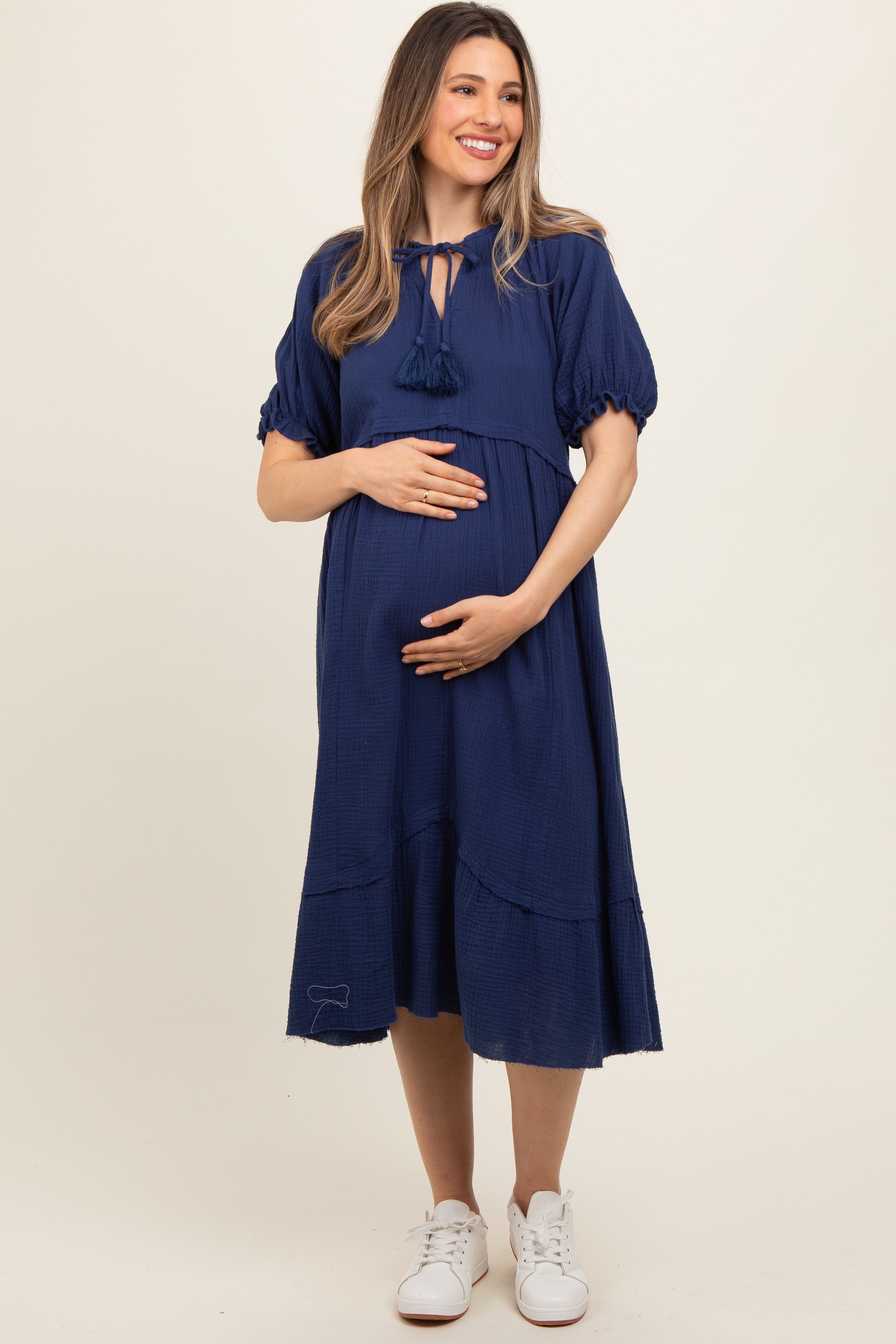 Navy Blue Tassel Tie Maternity Midi Dress sold by Pinkblush product image thumbnail 2