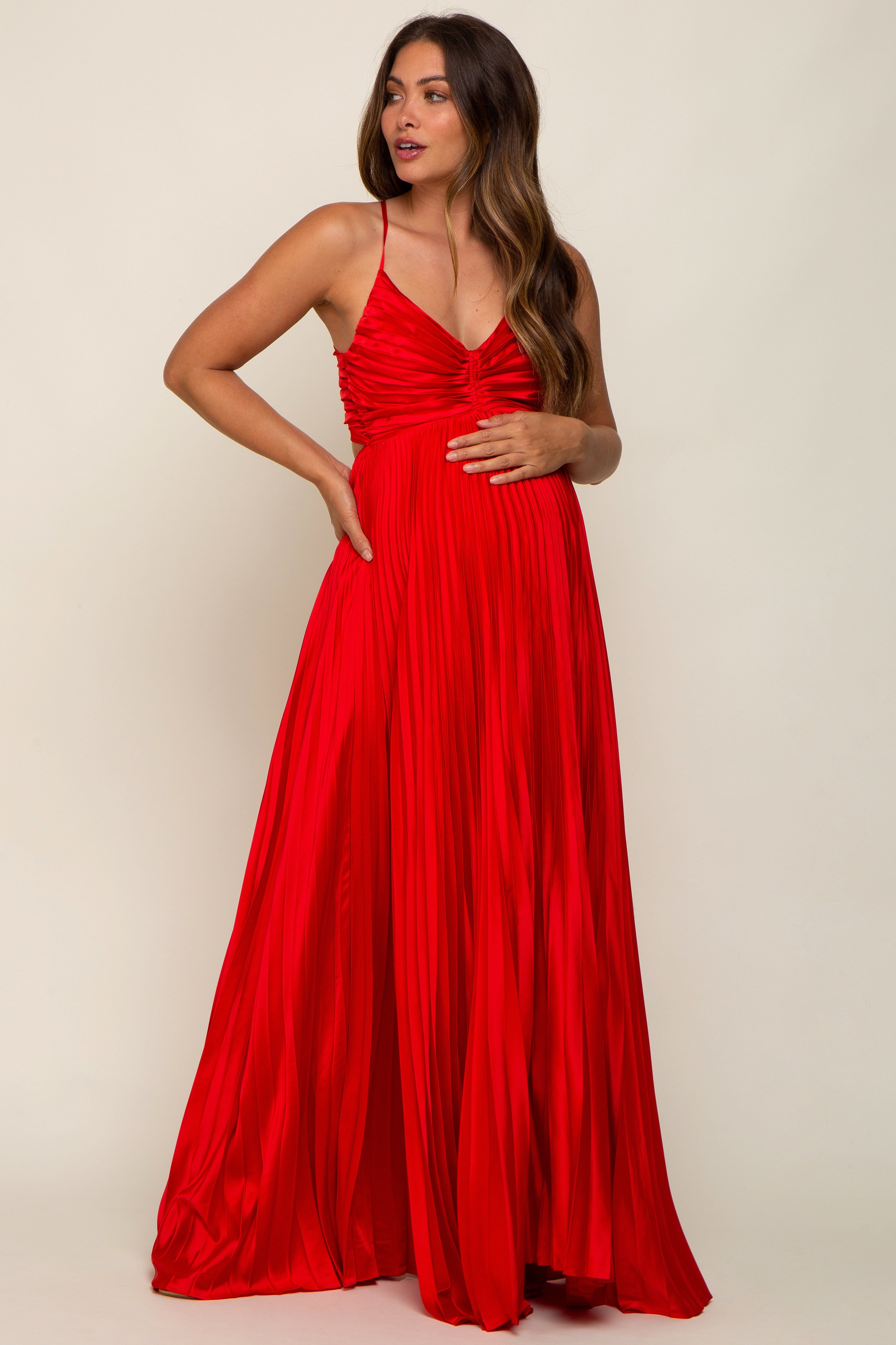 Red Satin Pleated Cutout Maternity Gown sold by Pinkblush