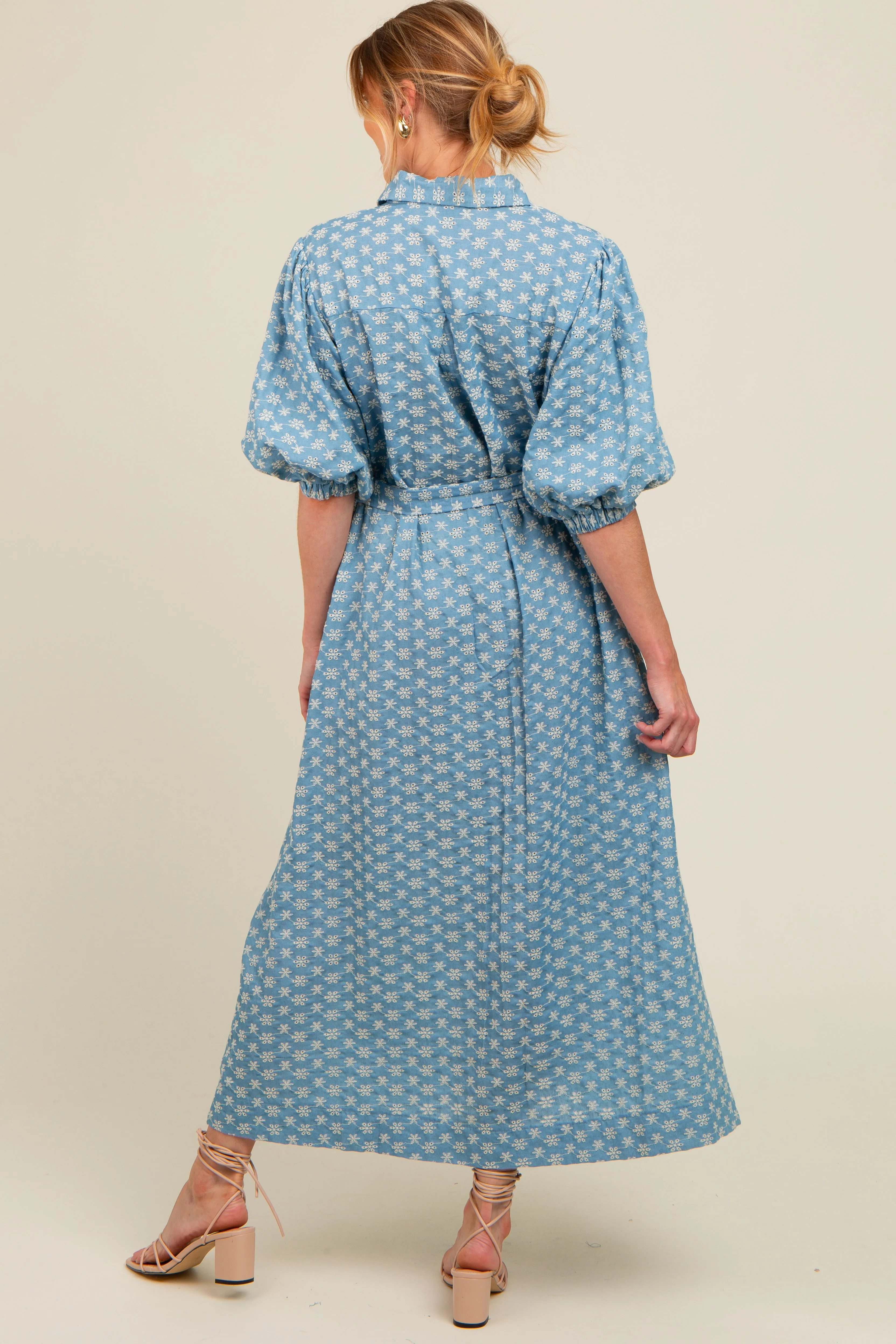 Blue Floral Embroidered Button Down Chambray Maternity Maxi Dress sold by Pinkblush product image thumbnail 2