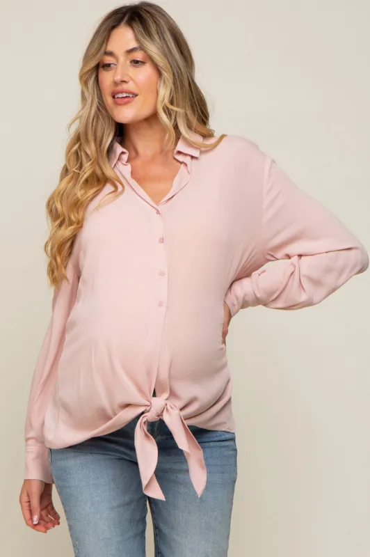 Pink Collared Button Down Knotted Maternity Shirt sold by Pinkblush