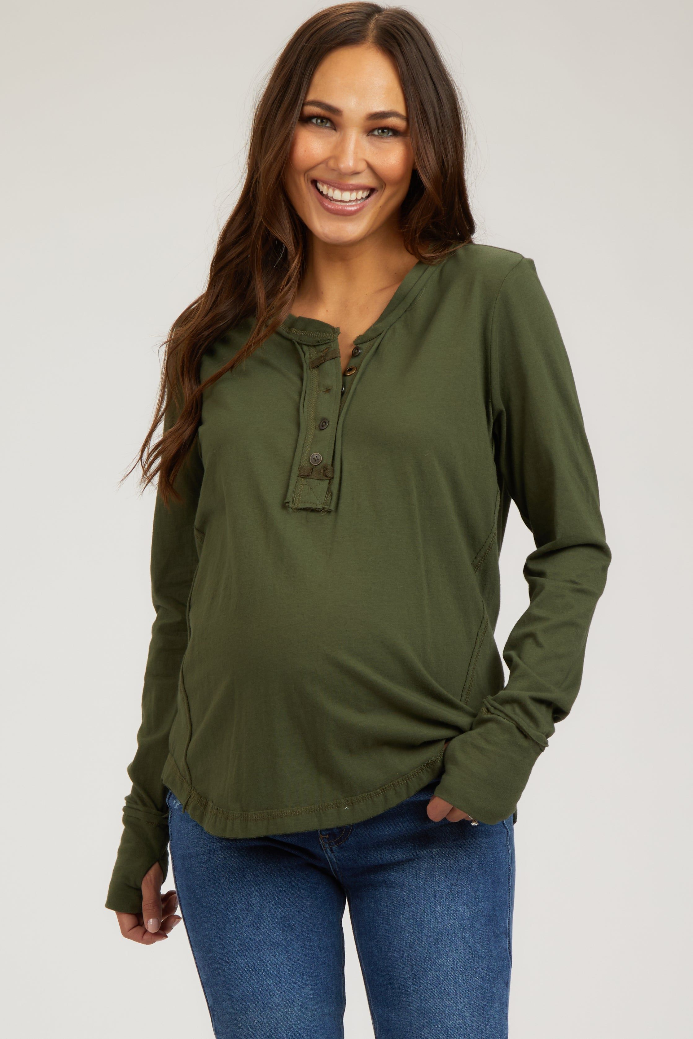 Olive Long Sleeve Exposed Seam Maternity Top sold by Pinkblush