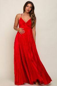 Red Satin Pleated Cutout Maternity Gown sold by Pinkblush