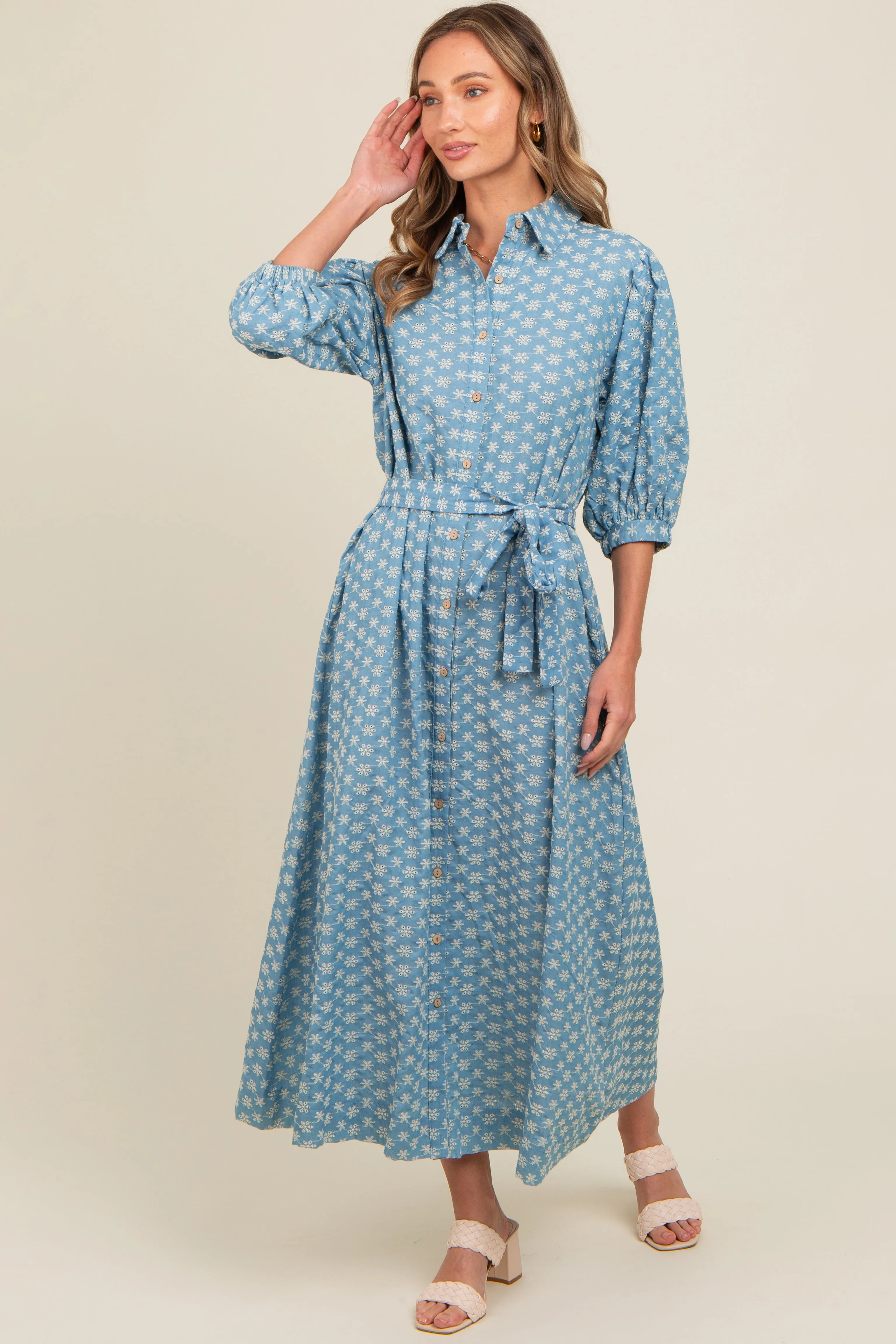 Blue Floral Embroidered Button Down Chambray Maternity Maxi Dress sold by Pinkblush product image thumbnail 3