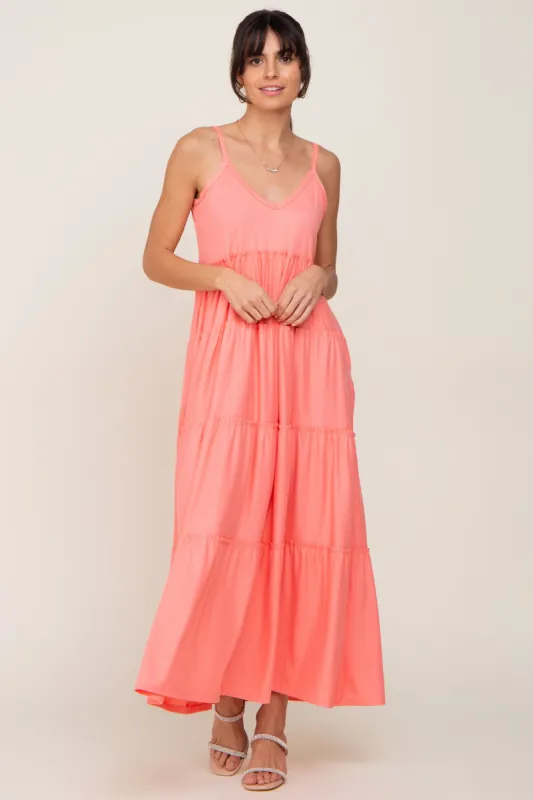 Coral Pink Tiered Sleeveless Maxi Dress sold by Pinkblush