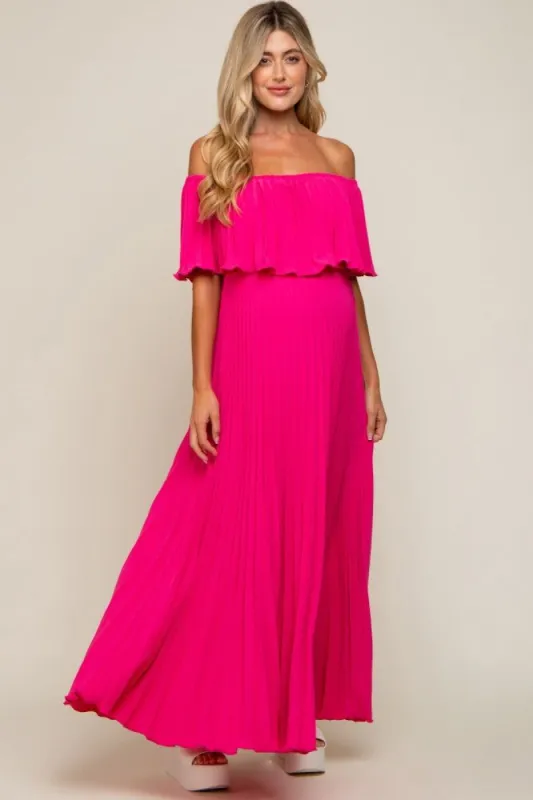 Fuchsia Pleated Off Shoulder Maternity Maxi Dress sold by Pinkblush