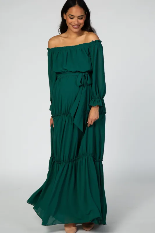 Forest Green Tiered Off Shoulder Maternity Maxi Dress sold by Pinkblush