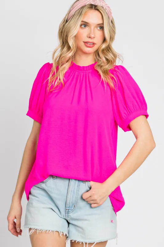 Fuchsia Ruffle Mock Neck Blouse Top sold by Pinkblush
