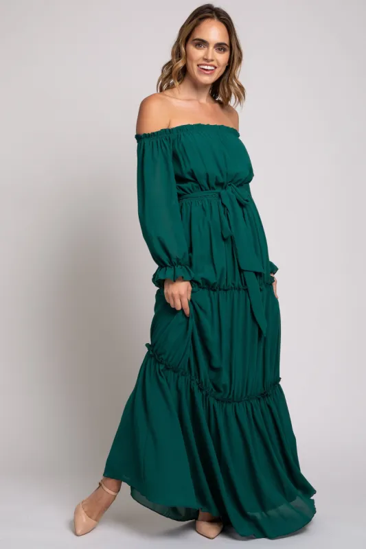 Forest Green Tiered Off Shoulder Maxi Dress sold by Pinkblush