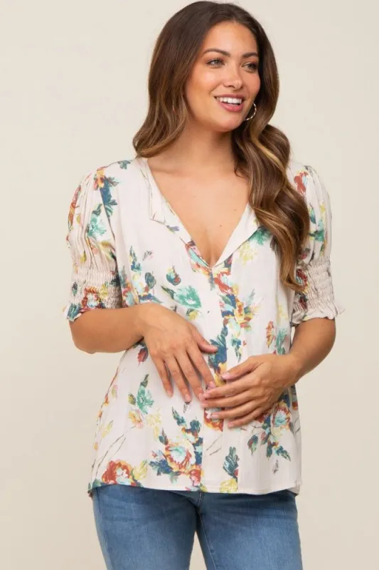 Beige Floral Smocked Sleeve Maternity Top sold by Pinkblush