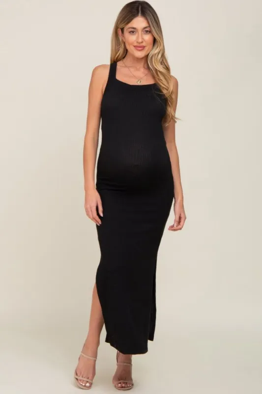 Black Rib Knit Side Slit Maternity Maxi Dress sold by Pinkblush