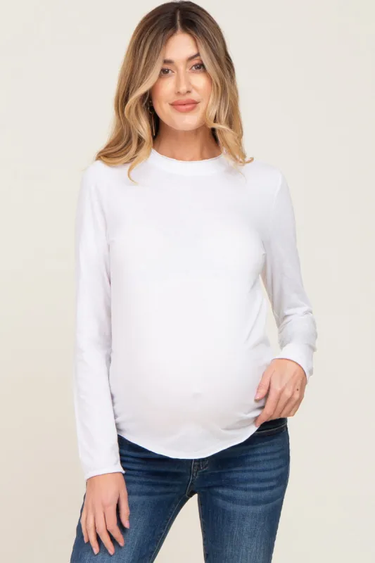 White Basic Raw Hem Maternity Long Sleeve Top sold by Pinkblush