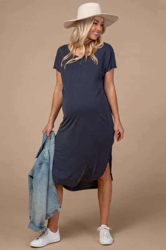 Navy Faded Curved Hem Maternity Midi Dress sold by Pinkblush