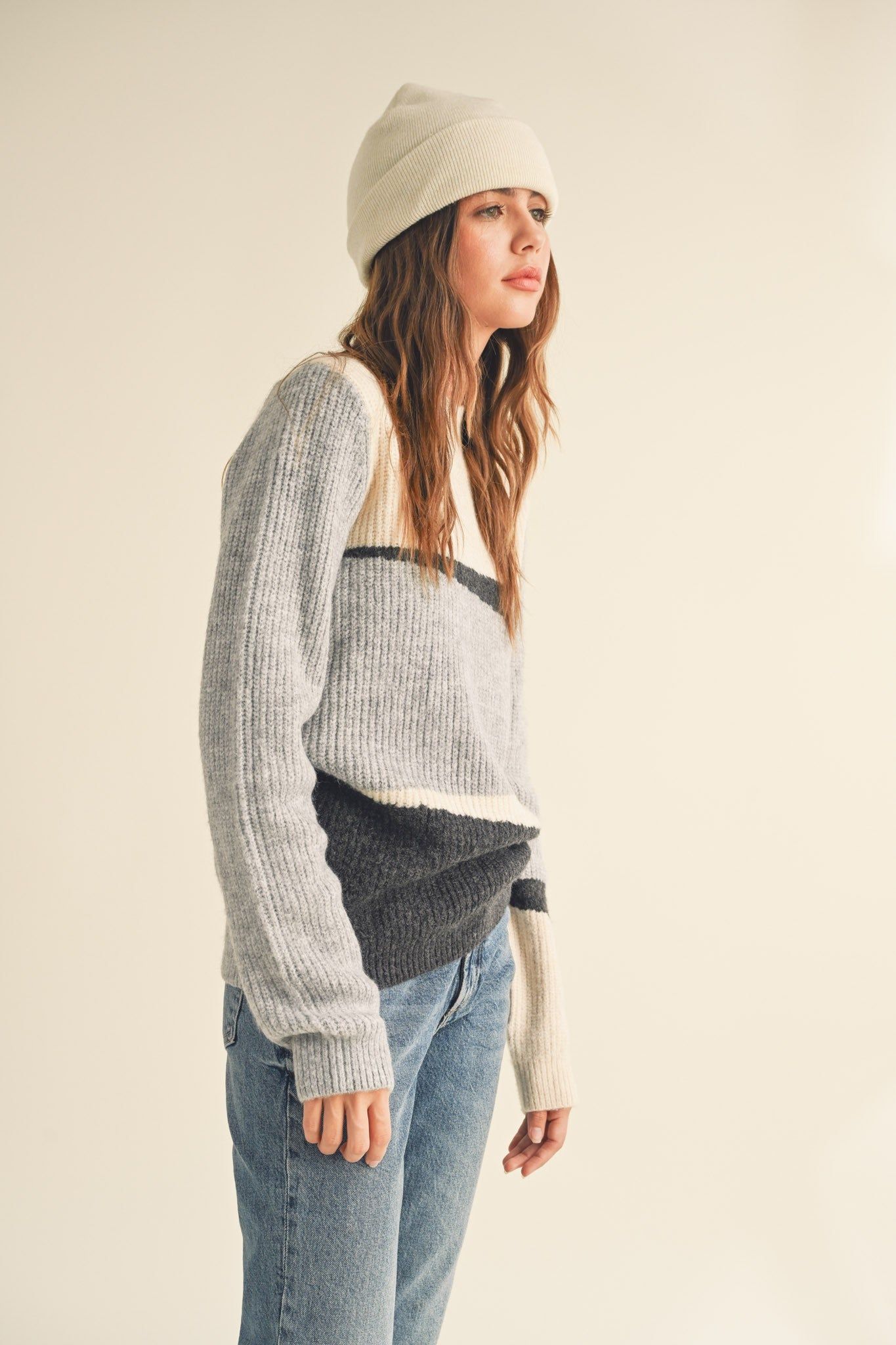 Grey Combo Mock Neck Colorblock Pattern Sweater sold by Pinkblush product image thumbnail 2
