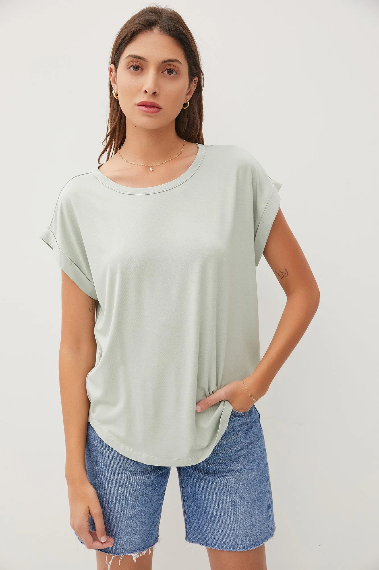 Light Olive Rolled Cuff Sleeve Top sold by Pinkblush