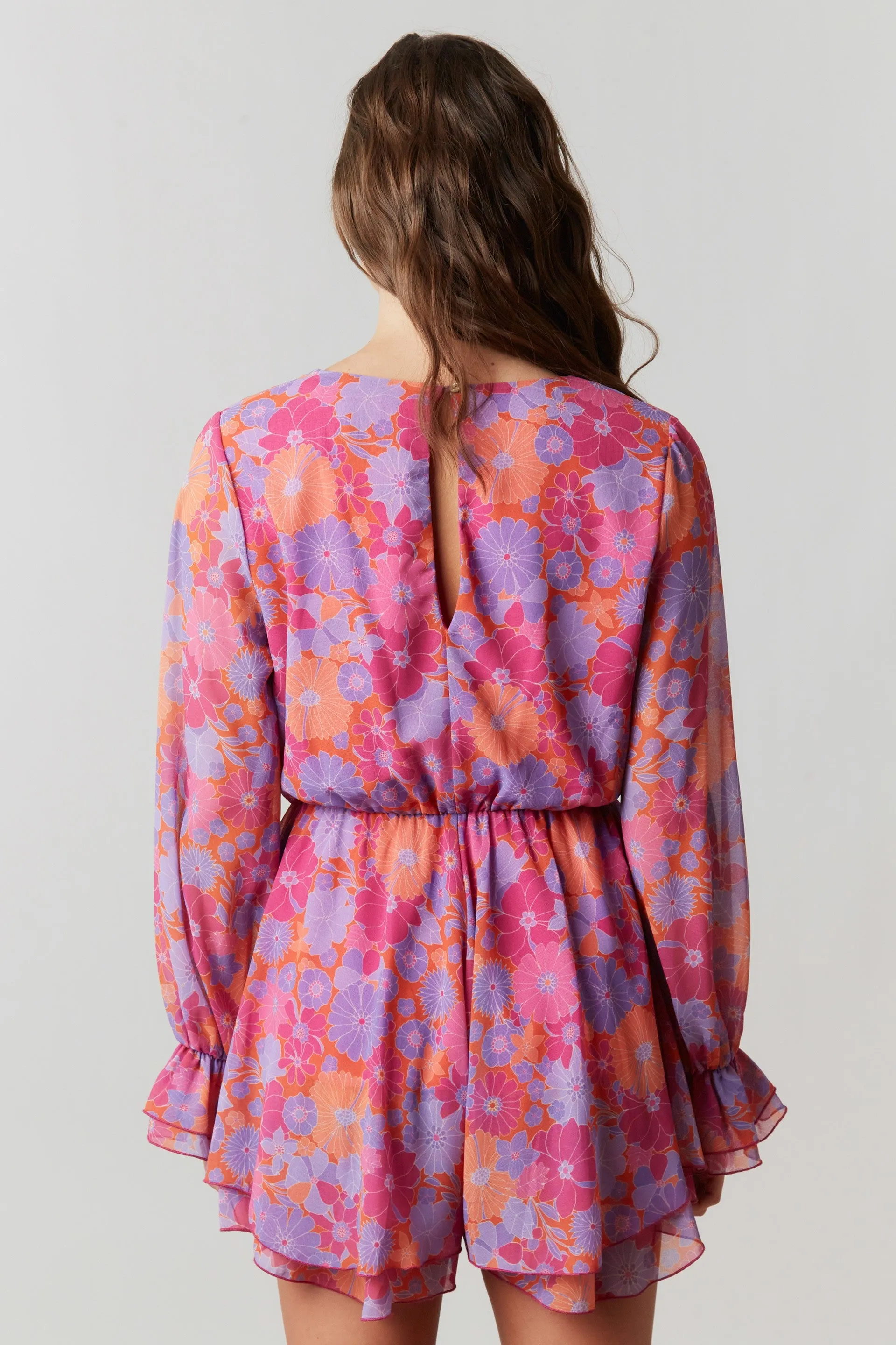 Fuchsia Multi Floral Chiffon Surplice Romper sold by Pinkblush product image thumbnail 3