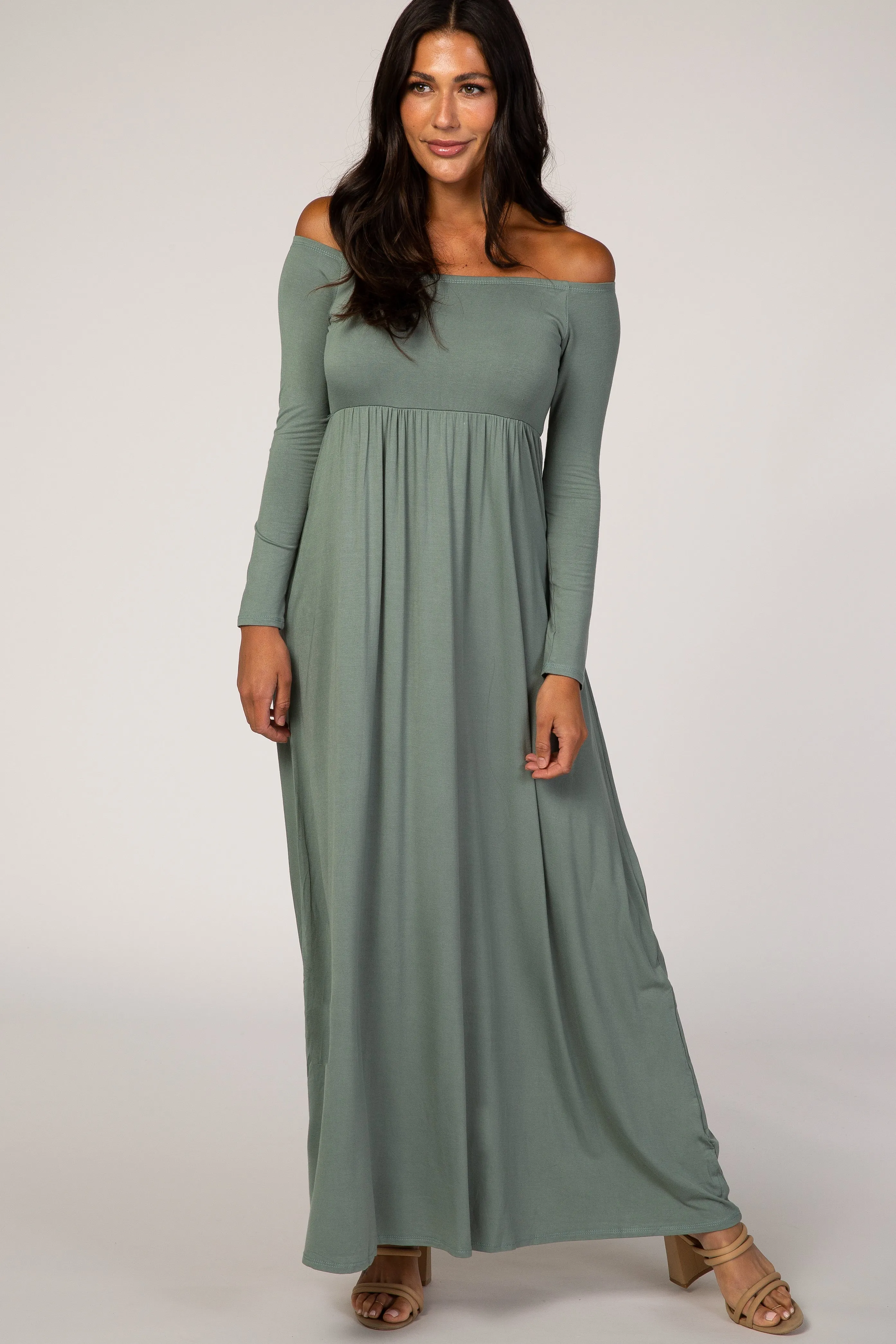 Sage Off Shoulder Long Sleeve Maternity Maxi Dress sold by Pinkblush product image thumbnail 4