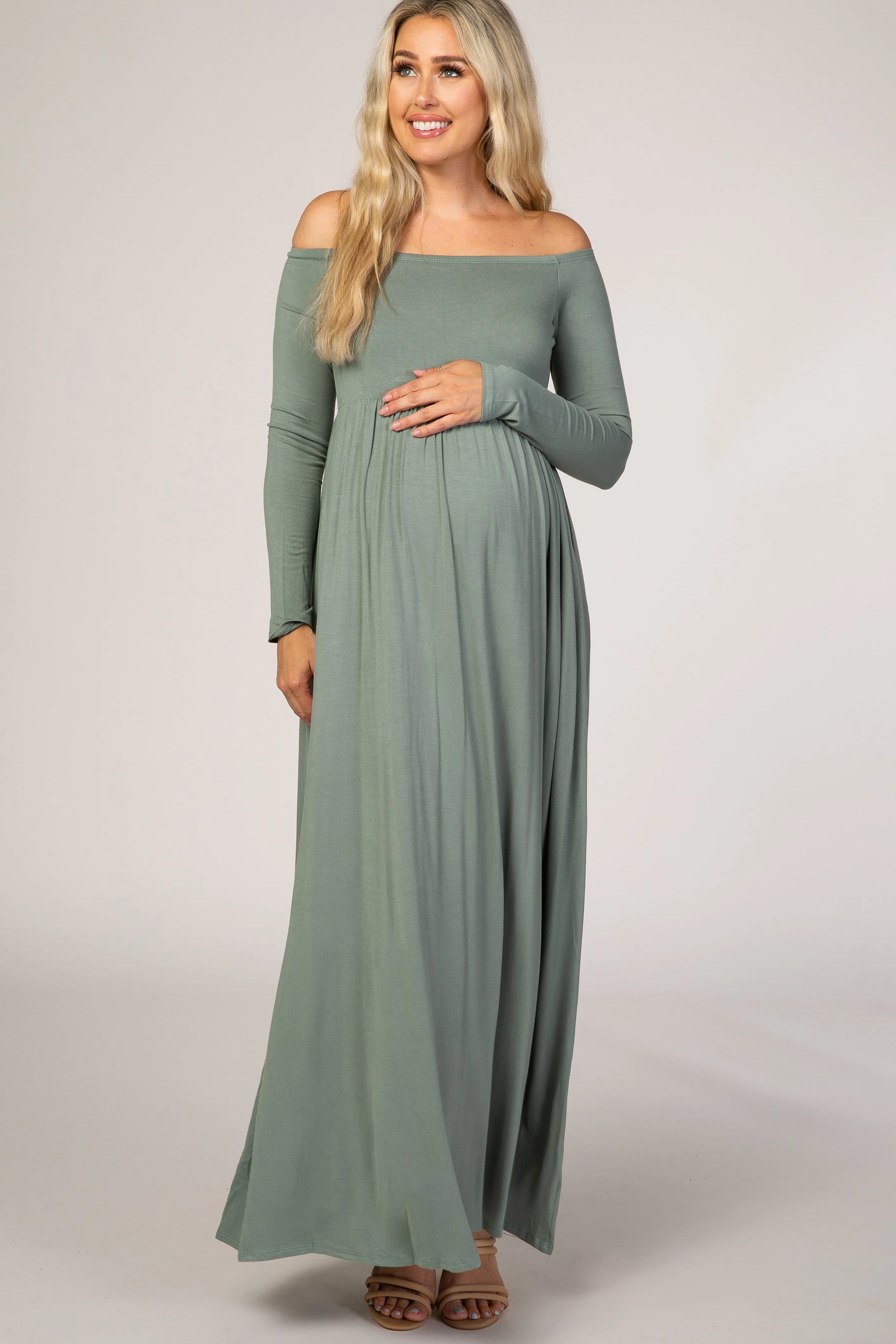 Sage Off Shoulder Long Sleeve Maternity Maxi Dress sold by Pinkblush