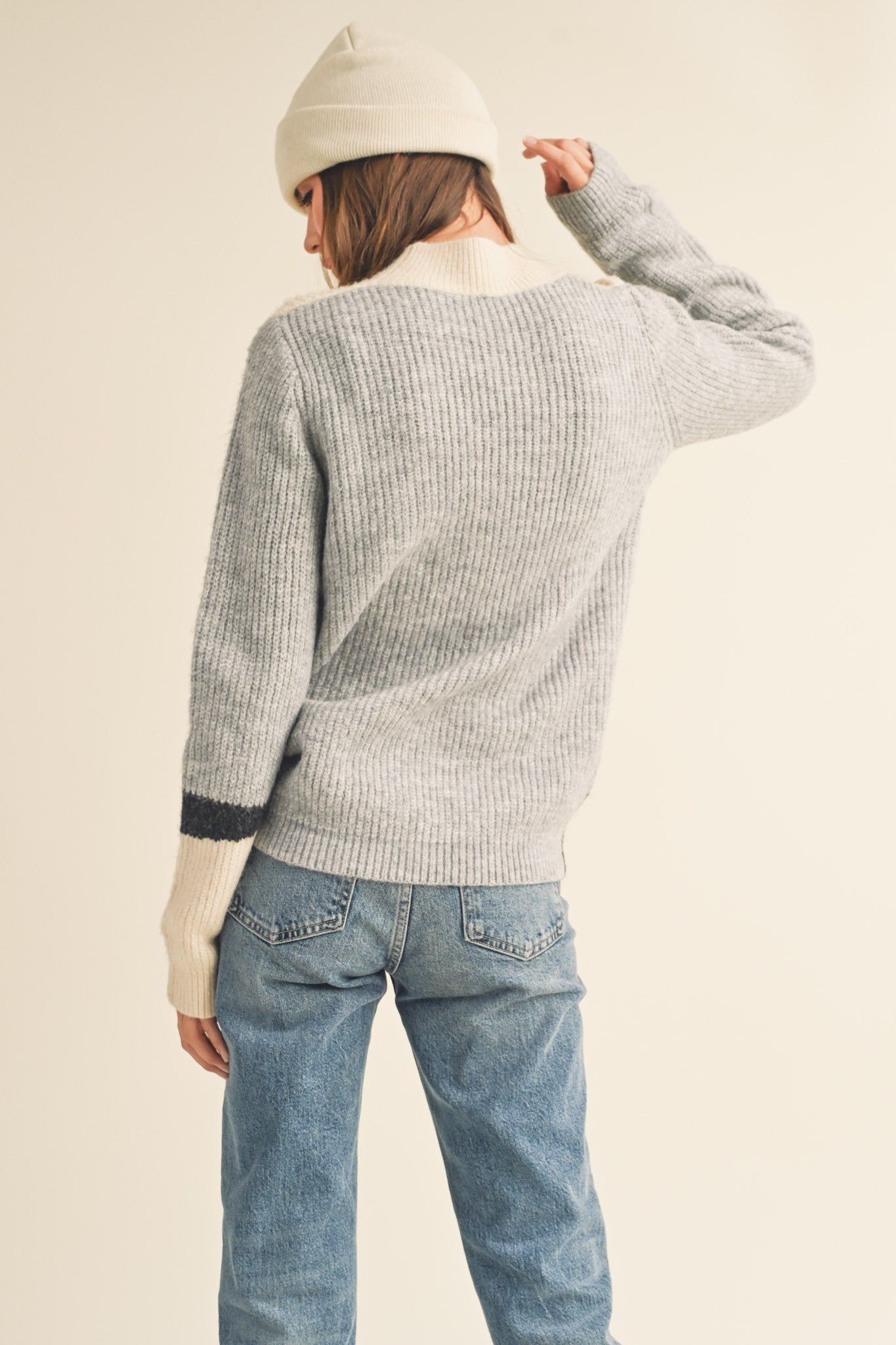 Grey Combo Mock Neck Colorblock Pattern Sweater sold by Pinkblush product image thumbnail 3