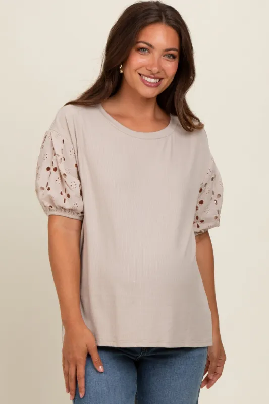 Taupe Short Puff Eyelet Lace Floral Sleeve Maternity Top sold by Pinkblush
