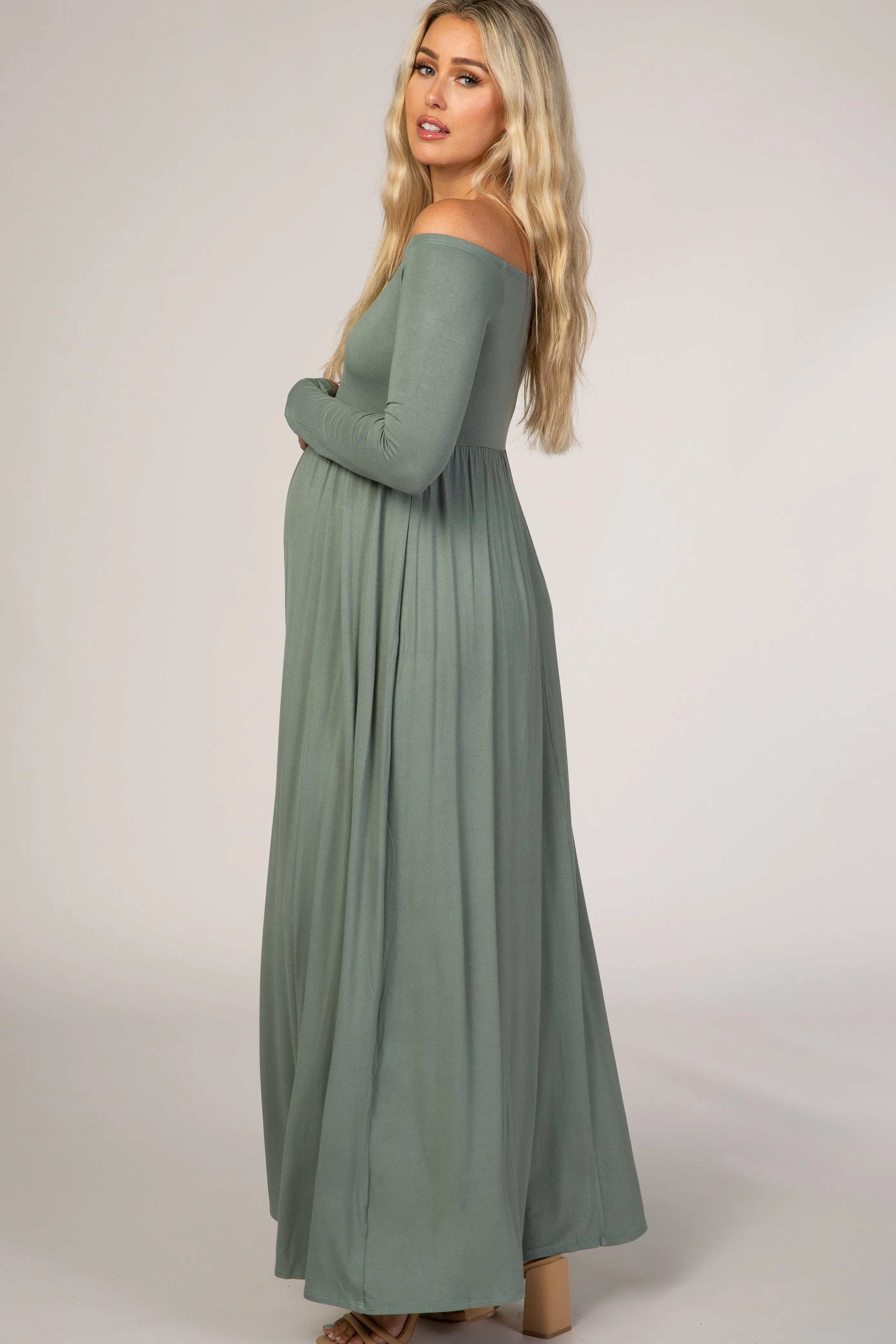 Sage Off Shoulder Long Sleeve Maternity Maxi Dress sold by Pinkblush product image thumbnail 2