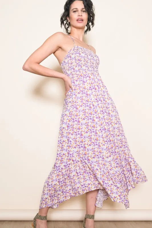 Lavender Floral Smocked Halter Flowy Maxi Dress sold by Pinkblush
