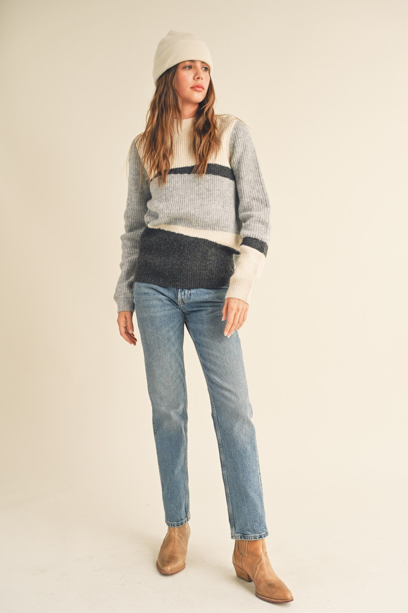 Grey Combo Mock Neck Colorblock Pattern Sweater sold by Pinkblush product image thumbnail 4