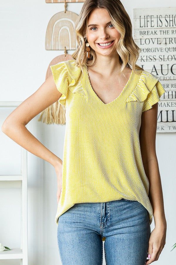 Yellow Flutter Sleeve Ribbed Top sold by Pinkblush