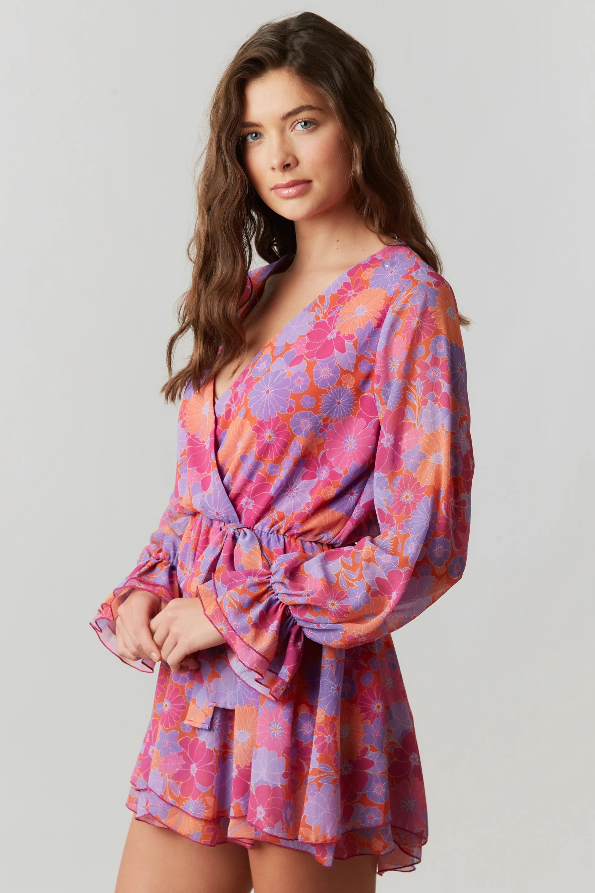 Fuchsia Multi Floral Chiffon Surplice Romper sold by Pinkblush product image thumbnail 2