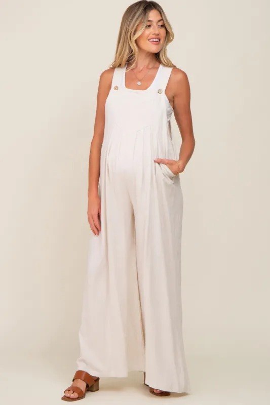 Beige Sleeveless Wide Leg Maternity Jumpsuit sold by Pinkblush