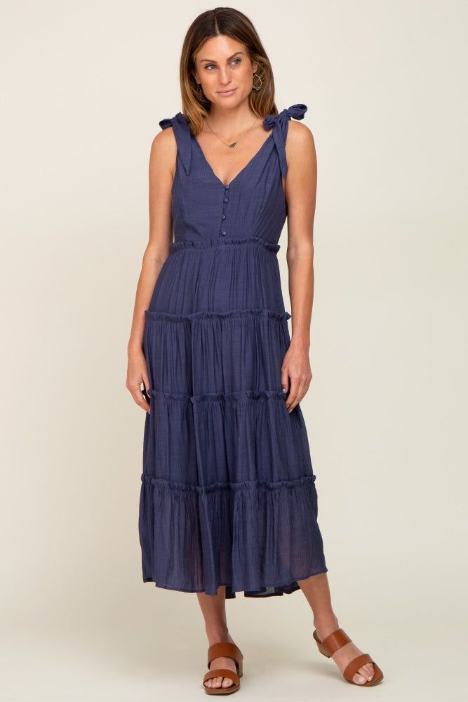 Navy Blue Linen Button Front Shoulder Tie Tiered Midi Dress sold by Pinkblush product image thumbnail 5