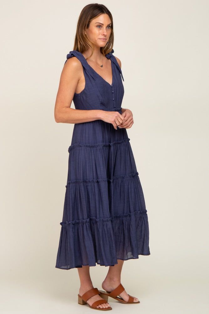 Navy Blue Linen Button Front Shoulder Tie Tiered Midi Dress sold by Pinkblush product image thumbnail 2
