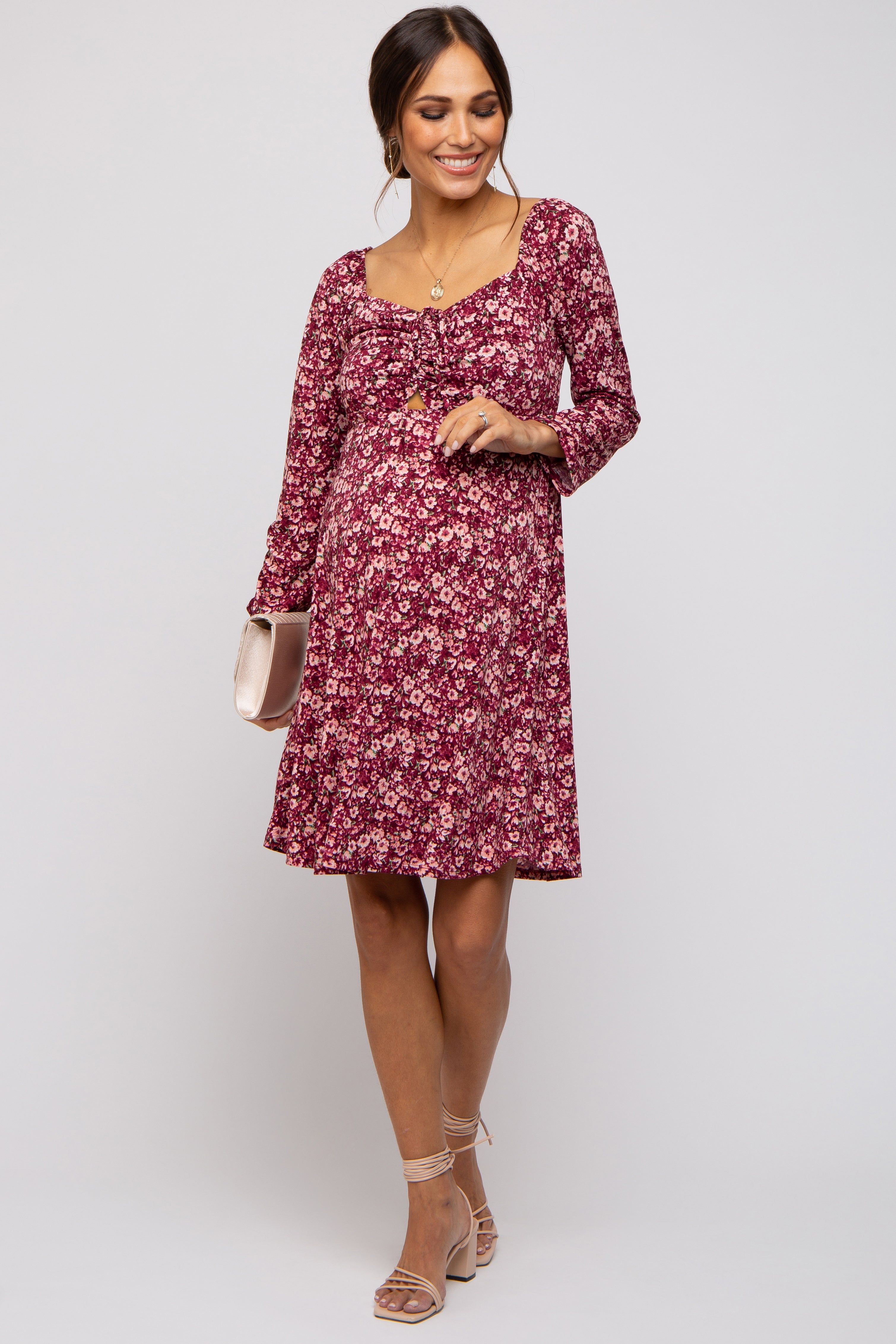 Burgundy Floral Ruched Long Sleeve Maternity Dress sold by Pinkblush