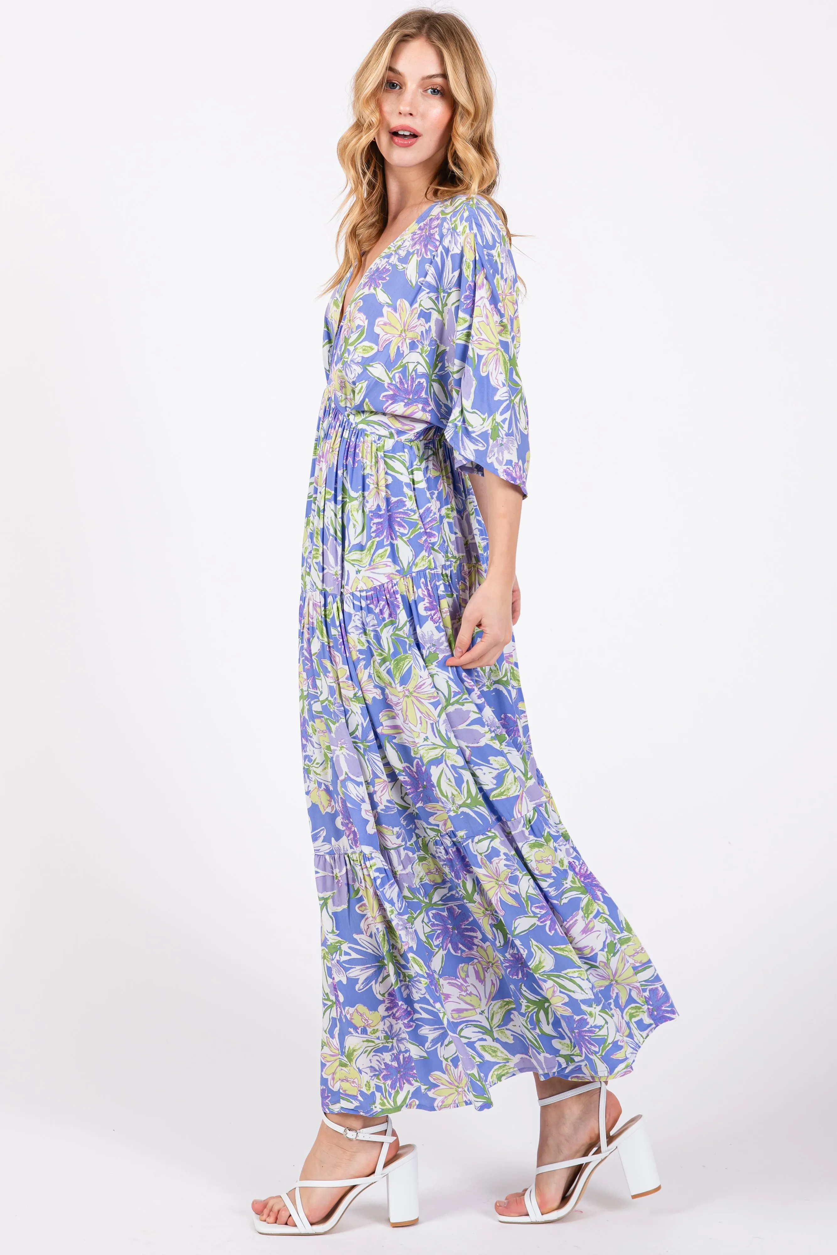 Blue Floral Dolman Sleeve Tiered Maxi Dress sold by Pinkblush product image thumbnail 2