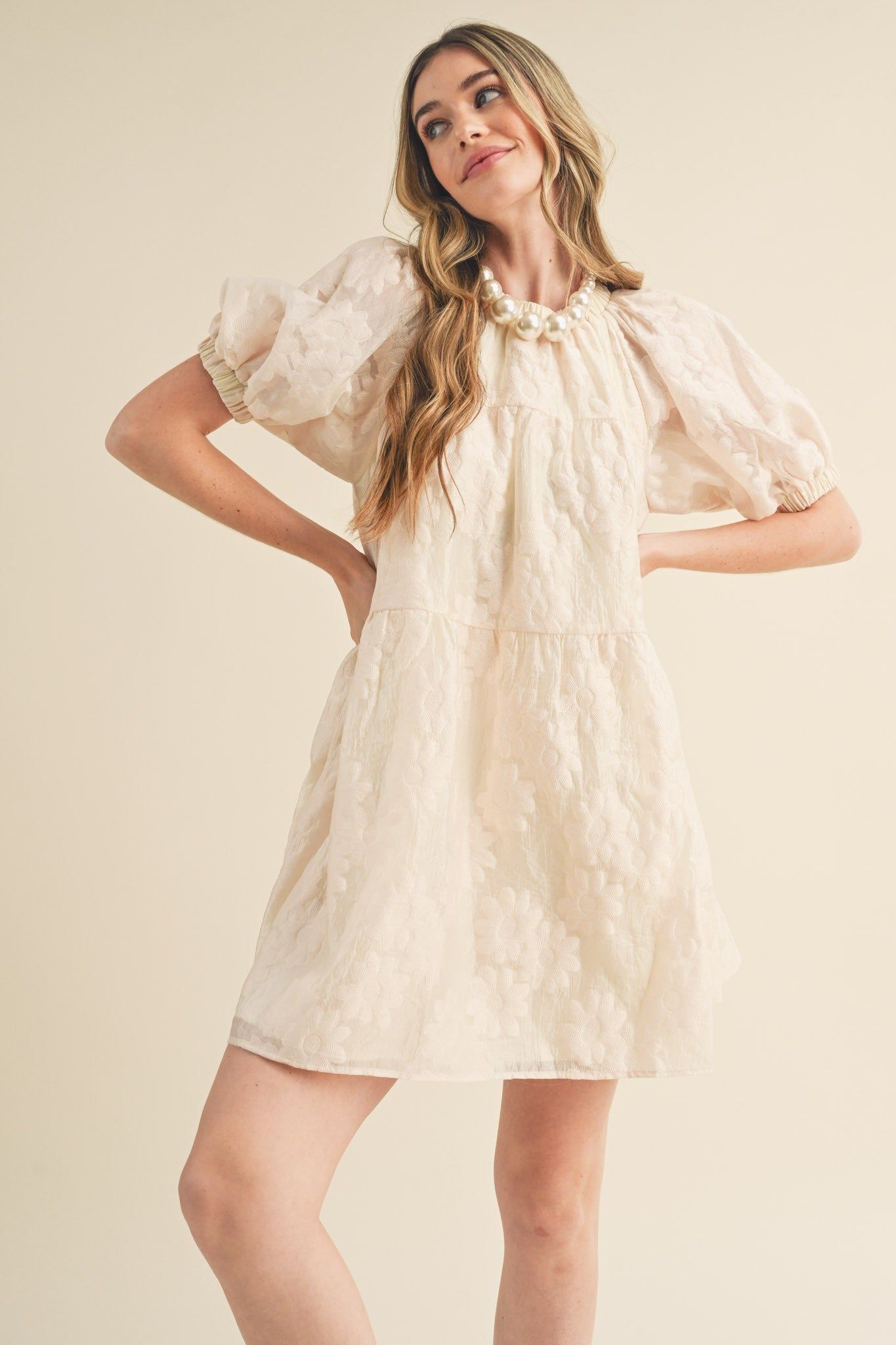 Cream Organza Jacquard Babydoll Dress sold by Pinkblush