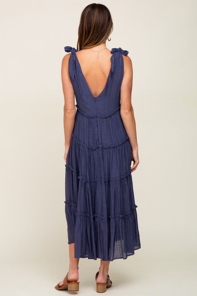 Navy Blue Linen Button Front Shoulder Tie Tiered Midi Dress sold by Pinkblush product image thumbnail 3